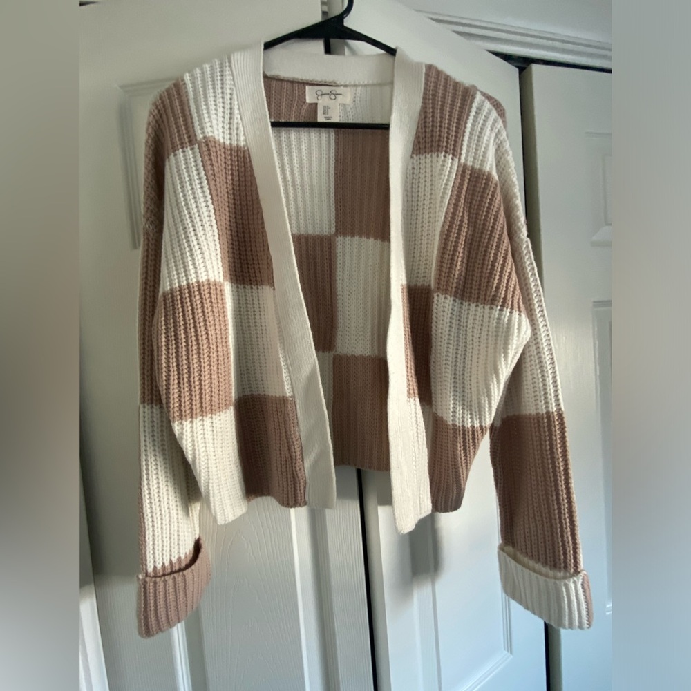 Jessica Simpson Cream and Mauve Checkered Cardigan